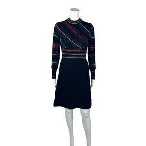 Vintage 70s Sweater Dress Womens Size XS Black Striped Acrylic Mini Babydoll